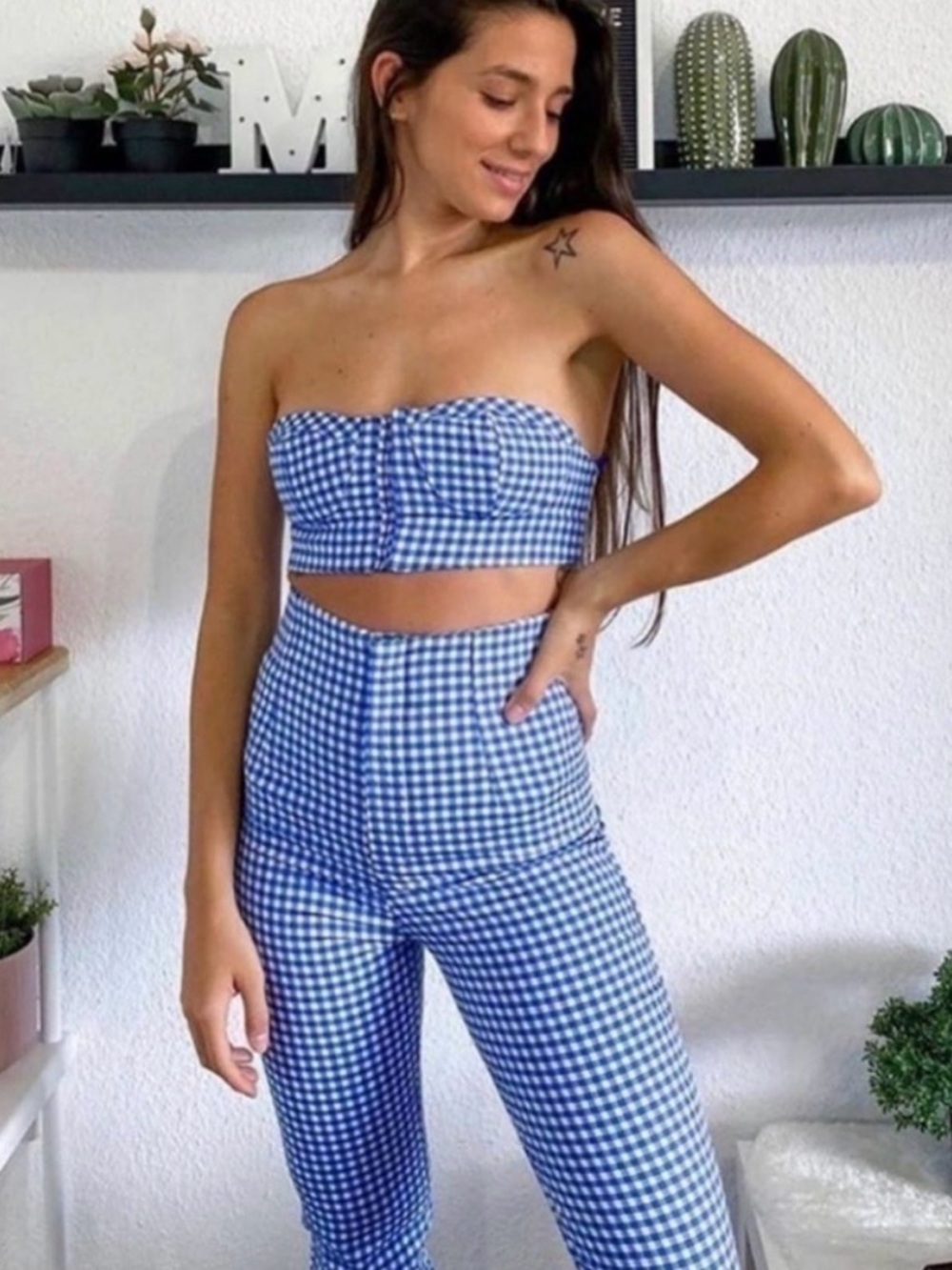 Blue and White Gingham Pants | Zara